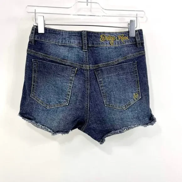 INDIGO REIN Blue Dark Wash Distressed Denim Shorts